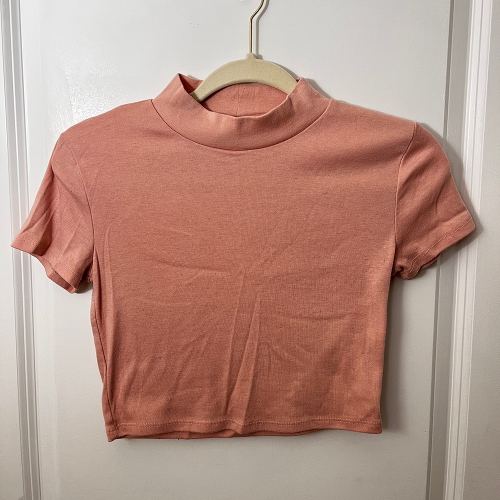 Forever 21 Pink Mock Turtleneck Short Sleeve Crop Top